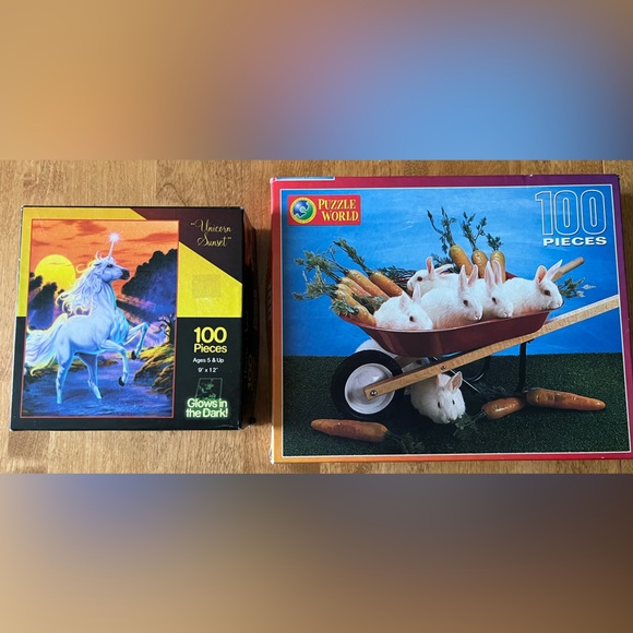 Set of 2 kids puzzles. Glow in dark unicorns 9”x12”. Bunnies 15”x11”. Age 5 & up - Picture 1 of 7